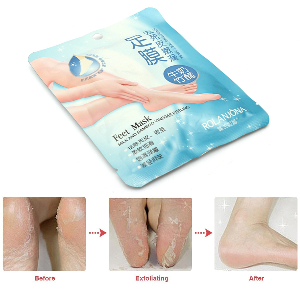 ROLANJONA 4 Pcs Peeling Feet Mask Deep Exfoliating Baby Foot Bamboo Milk  Vinegar Repairing