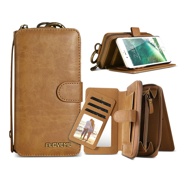 

Floveme Multifunctional Magnetic Detachable Zipper Wallet Card Slot Bracket Case For iPhone 7 Plus