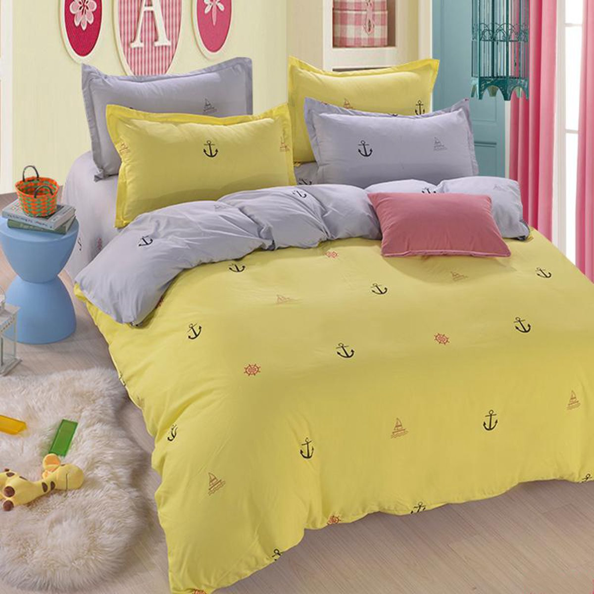 

3 or 4pcs Suit Yellow and Grey Sailing Diary Reactive Dyeing Polyester Fiber Bedding Sets
