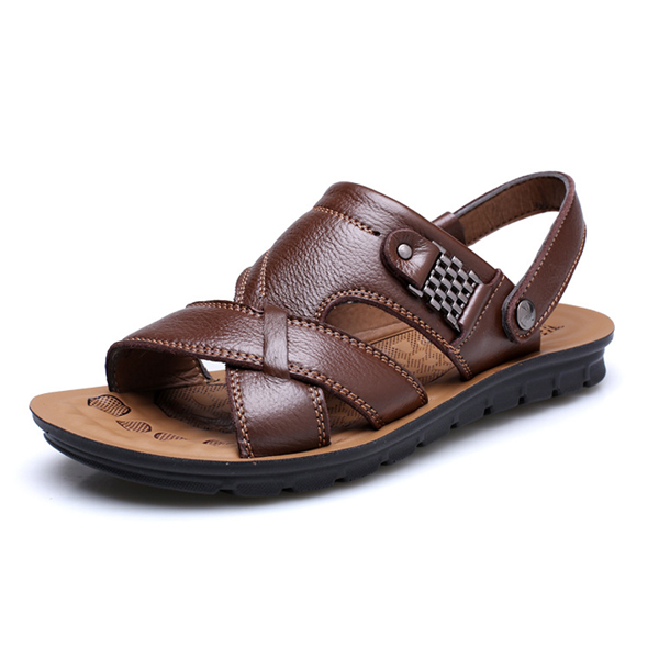 US Size 6.5-11.5 Men Genuine Leather Flat Sandals Beach Slippers Shoes ...