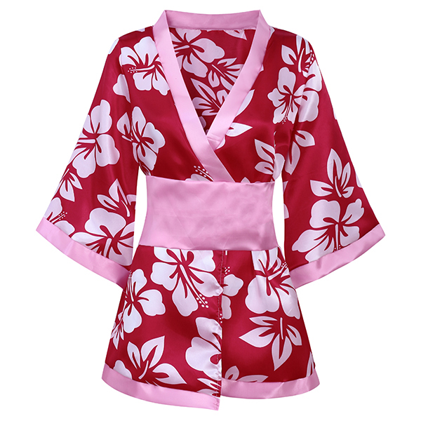 

Women Sexy Print Floral Soft Deep V Temptation Smooth Kimonos Nightdress With G-string