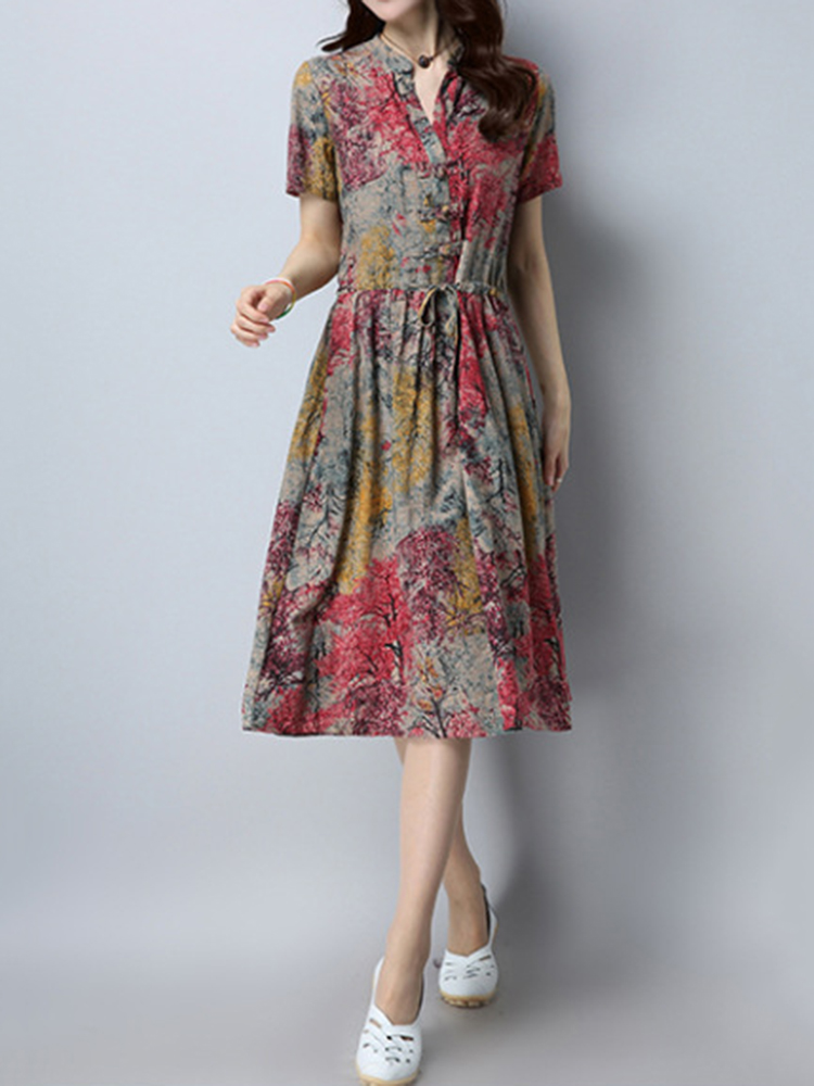 Women Vintage Drawstring Printed Dresses Short Sleeve Dress at Banggood