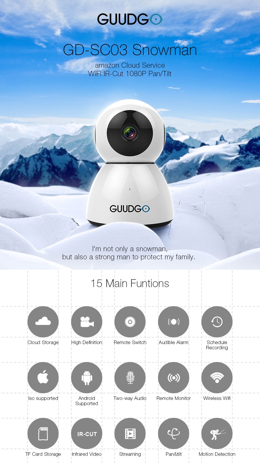 GUUDGO GD-SC03 Snowman 1080P Cloud WIFI IP Camera Pan&Tilt IR-Cut Night Vision Two-way Audio Motion Detection Alarm Camera Monitor Support Amazon-AWS[Amazon Web Services] Cloud Storage Service
