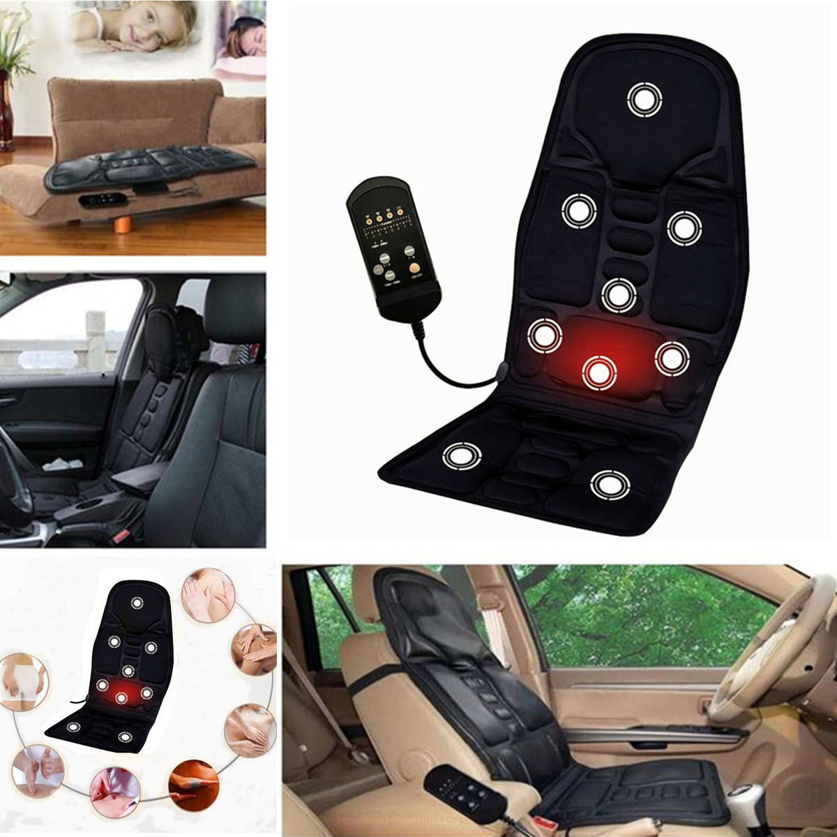 

12V Car Household Heated Full Body Massage Seat Cushion Back Lumbar Pain Relief Vibration Massager