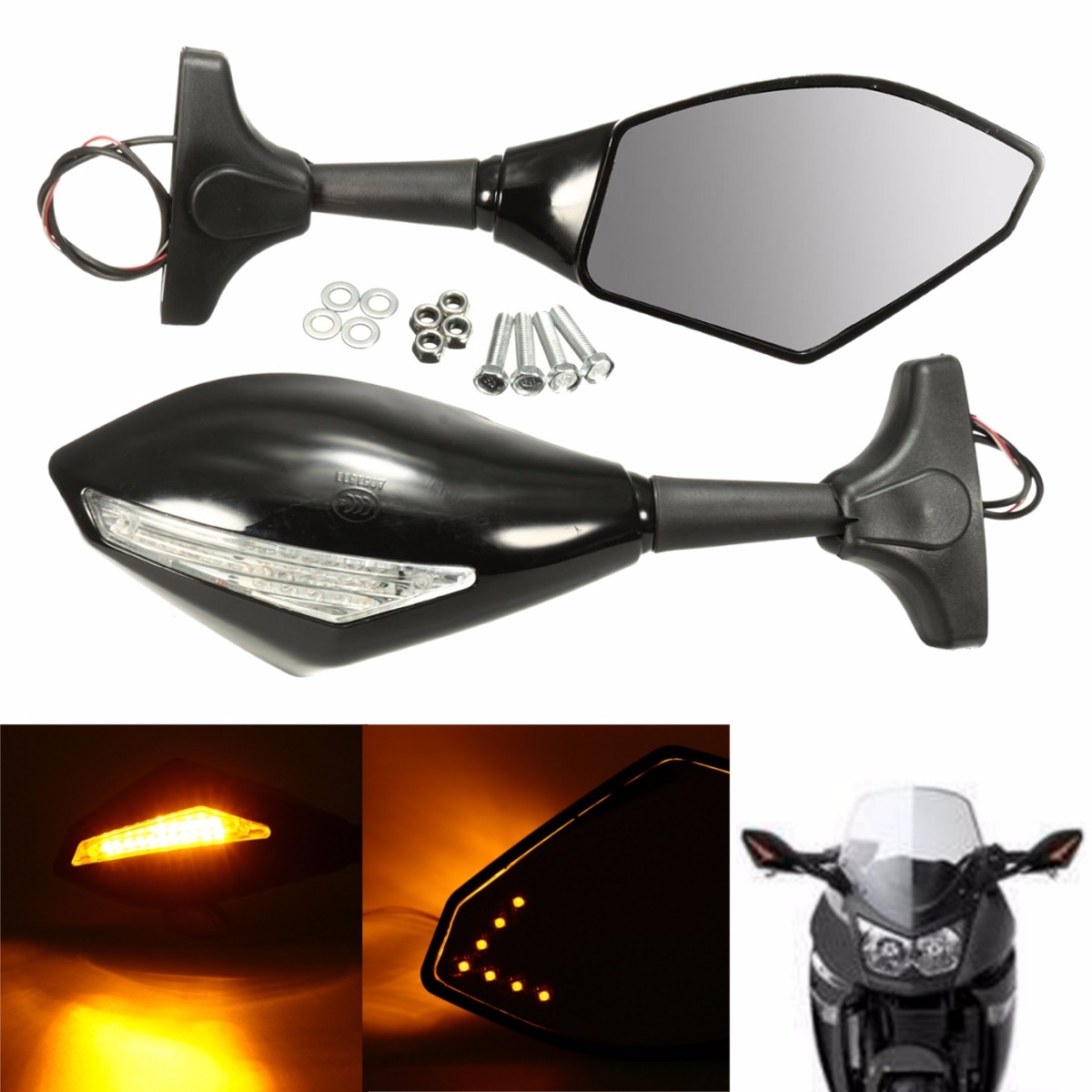 Motorcycle Black Mirrors LED Turn Signal For Honda Suzuki Kawasaki Ducati Yamaha