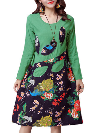 Folk Style Elegant Women Floral Printed Patchwork Cotton Linen Dress at ...