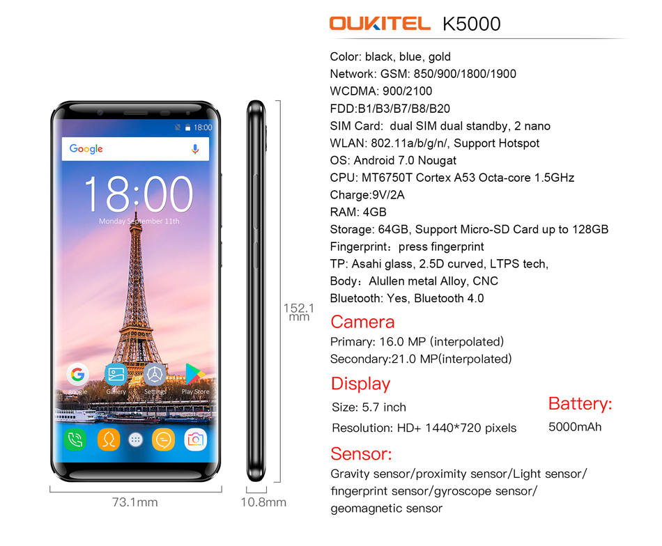 Oukitel K5000 5.7 Inch HD+ 4GB RAM 64GB ROM MT6750T Octa-Core 5000mAh Big Battery 4G Smartphone