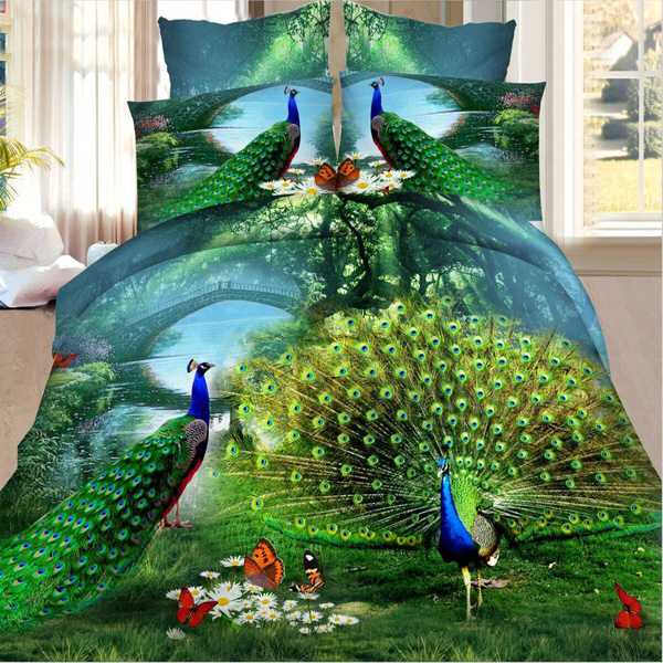 

4pcs Suit Polyester Fiber 3D Peacock Reactive Dyeing Bedding Sets Queen King Size Duvet Cover