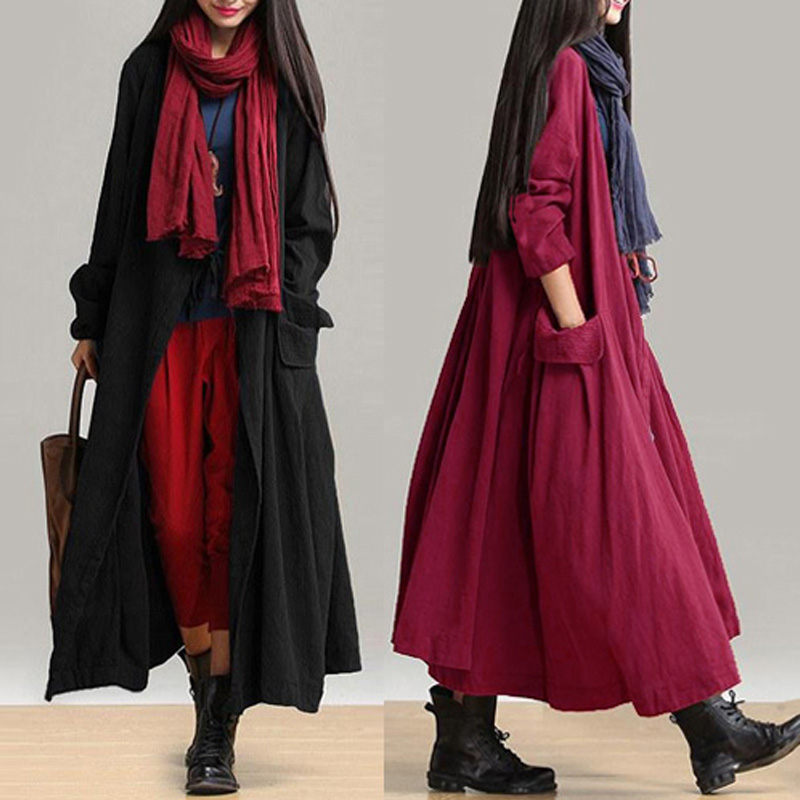 Casual Women Long Sleeve Solid Color Pockets Lace-up Long Coat