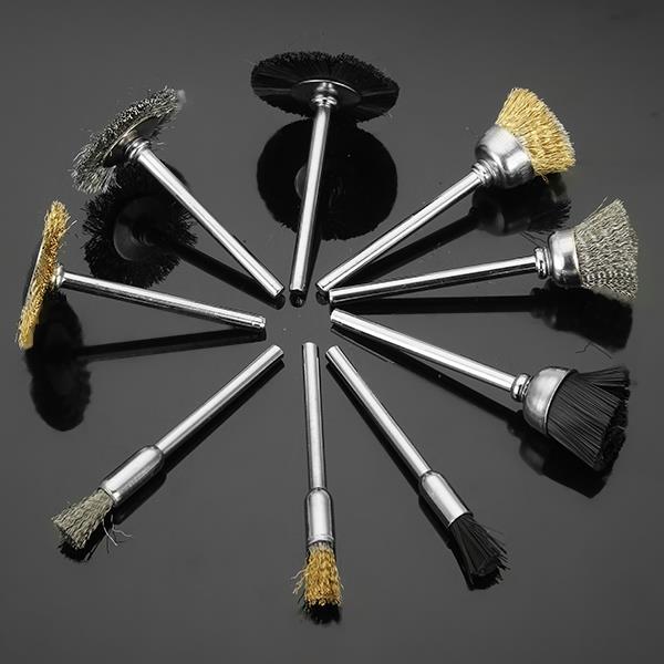 

9pcs 3mm Shank Brass Steel Wire Brushes Nylon Wheel Brushes Polishing Tool for Dremel