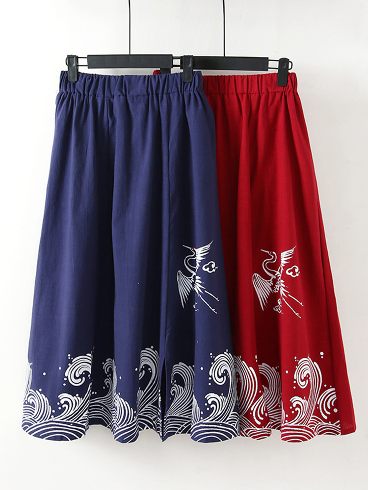Vintage Printed Loose Folk Style Elastic Waist Women Skirts