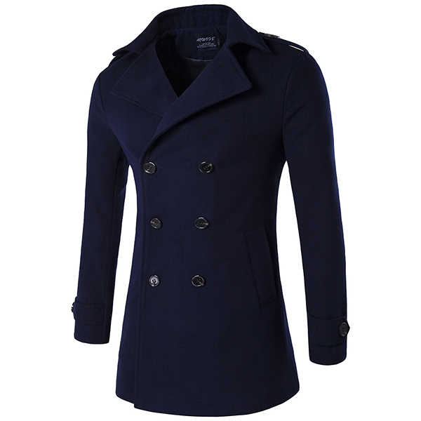 Mens Winter Fashion Double Breasted Woolen Trench Coat Turn-down Collar ...