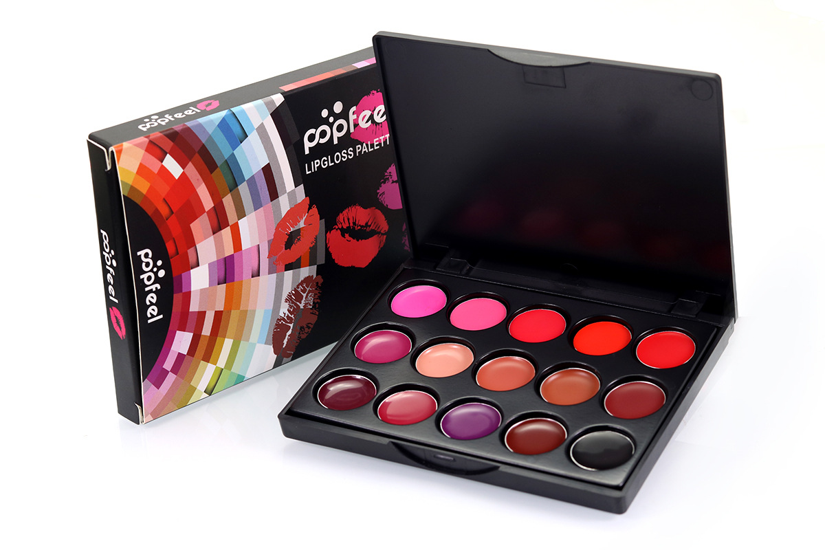 Popfeel 15 Colors Lip Gloss Palette Professional Nude Lipstick Tint Mini Makeup Plate