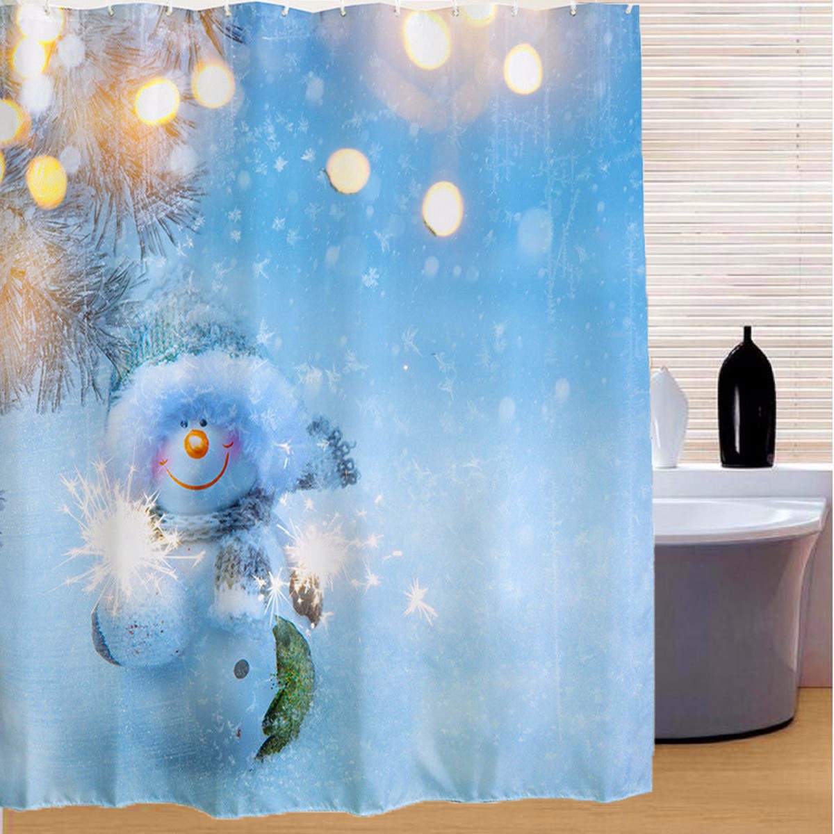 180x180cm Snowman Pattern Waterproof Polyester Shower Curtain Bathroom Decor with 12 Hooks