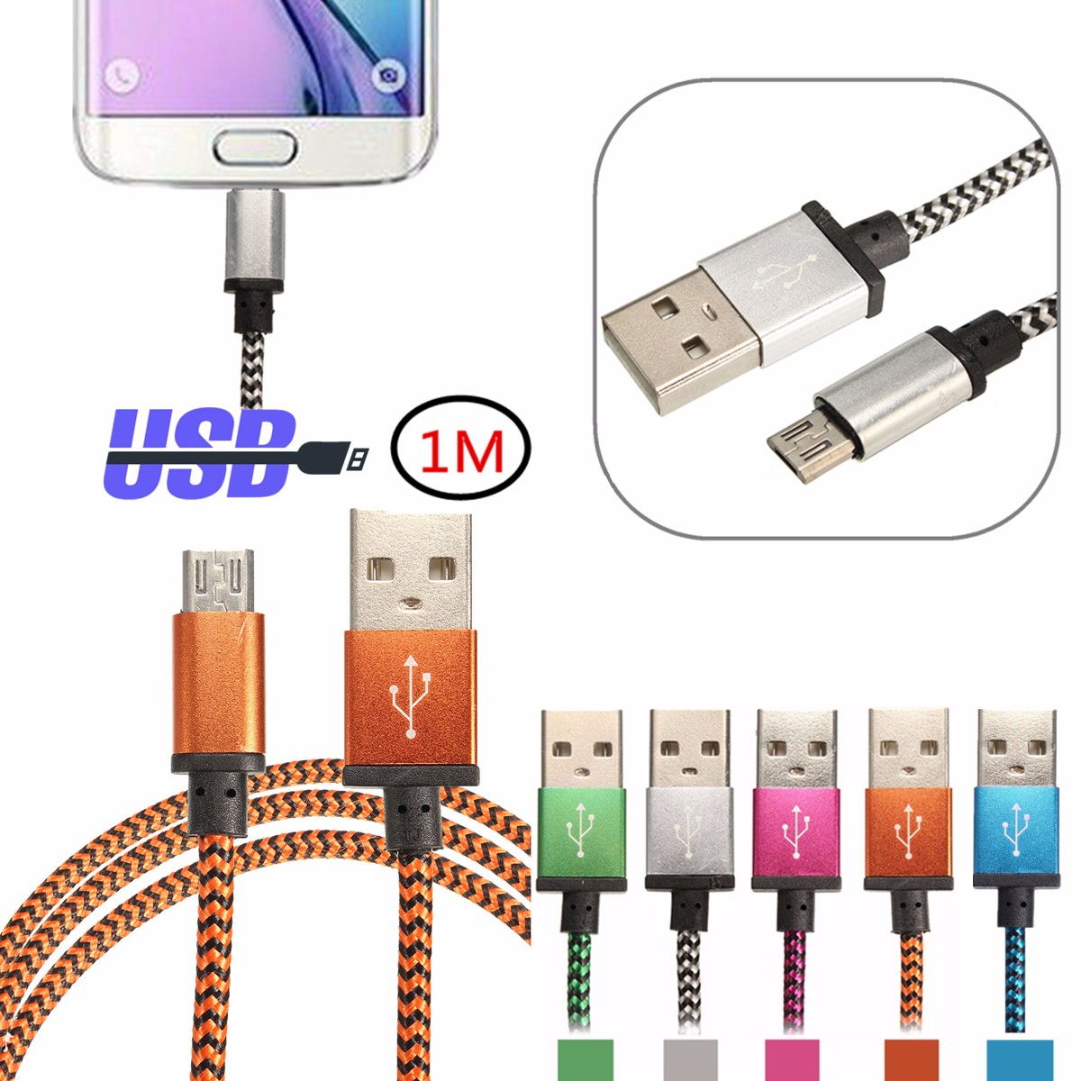 

1M Braided Micro USB 2.0 to USB Male Cable Cord Data Sync For Mobile Phone