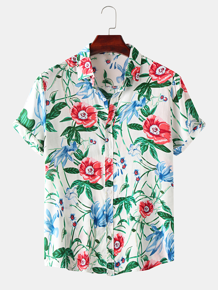 Herren Casual Cotton Floral Print Umdrehen Kragen Kurzarm Shirts
