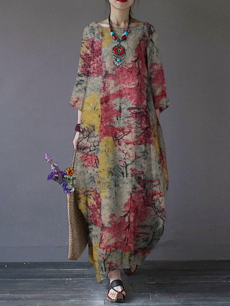 Bedruckte O-Ausschnitt-Seitentaschen Baumwolle 3/4 Ärmel lang Kleid
