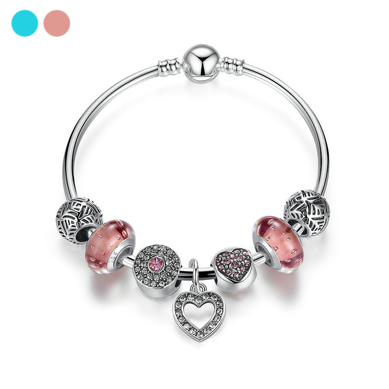 Mode Rose Cristal Perle Bracelet avec Pendentif Coeur Bracelets en argent Sterling bricolage charme pour les femmes