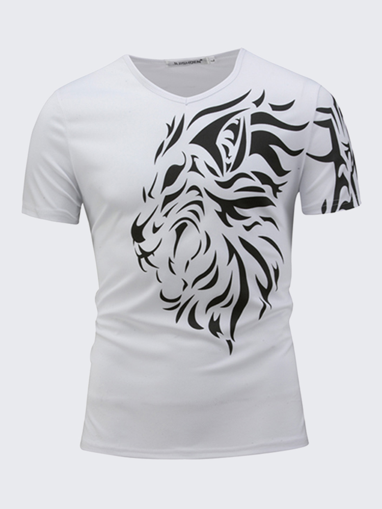 T shirt Decontracte A Imprime 3D Lion Col En V Haut Dete Avec Manches Courtes Pour Homme