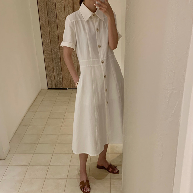 Style coreen chic robe francaise simple boutonnage