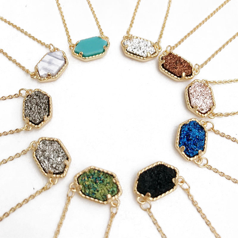 Doux colore or geometrique resine druzy collier en pierre Turquoise pendentif chaine pour les femmes cadeau