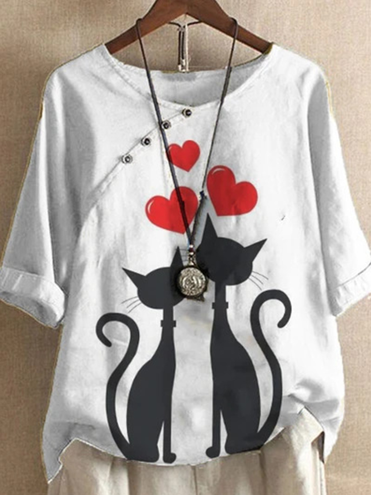 Cartoon Katze Bedrucktes Kurzarm-T-Shirt mit O-Ausschnitt für Damen