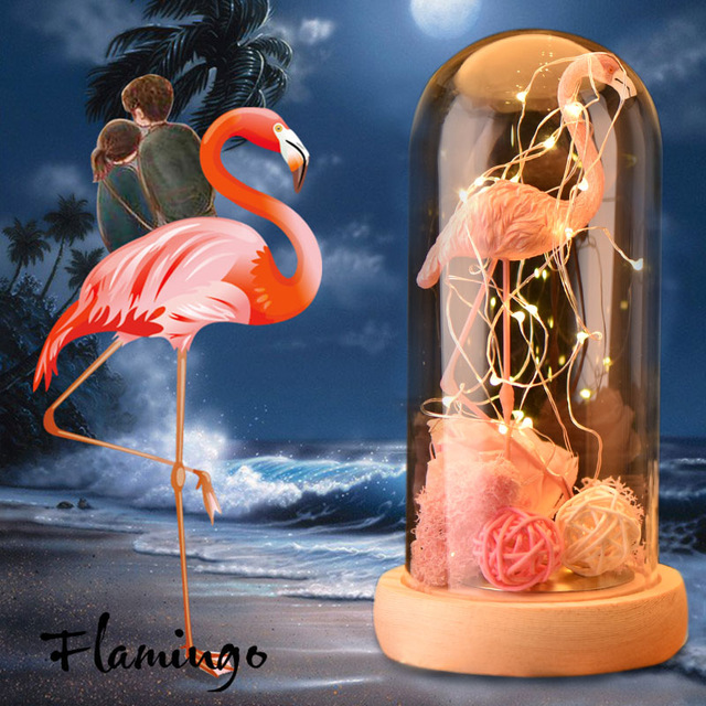 Decor pour la maison Rose Flamingo Decoration avec fleurs artificielles roses Roses Light in Glass Dome