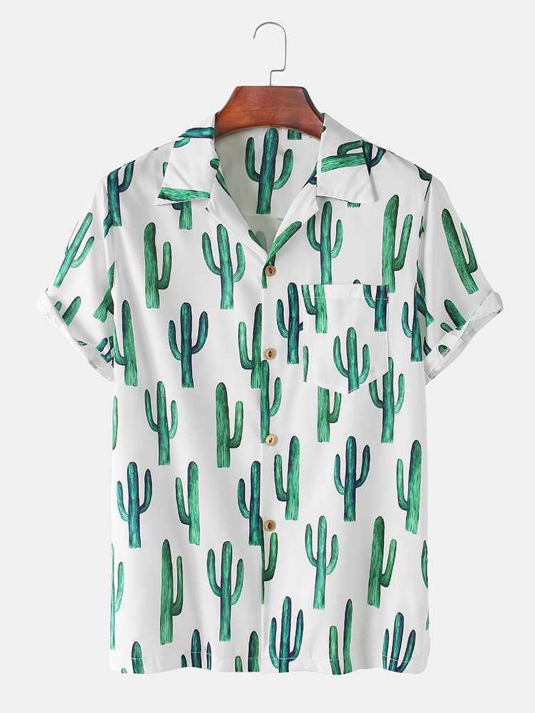 Herren Kaktus gedruckt Light Revere Collar Casual Kurzarmhemden mit Tasche
