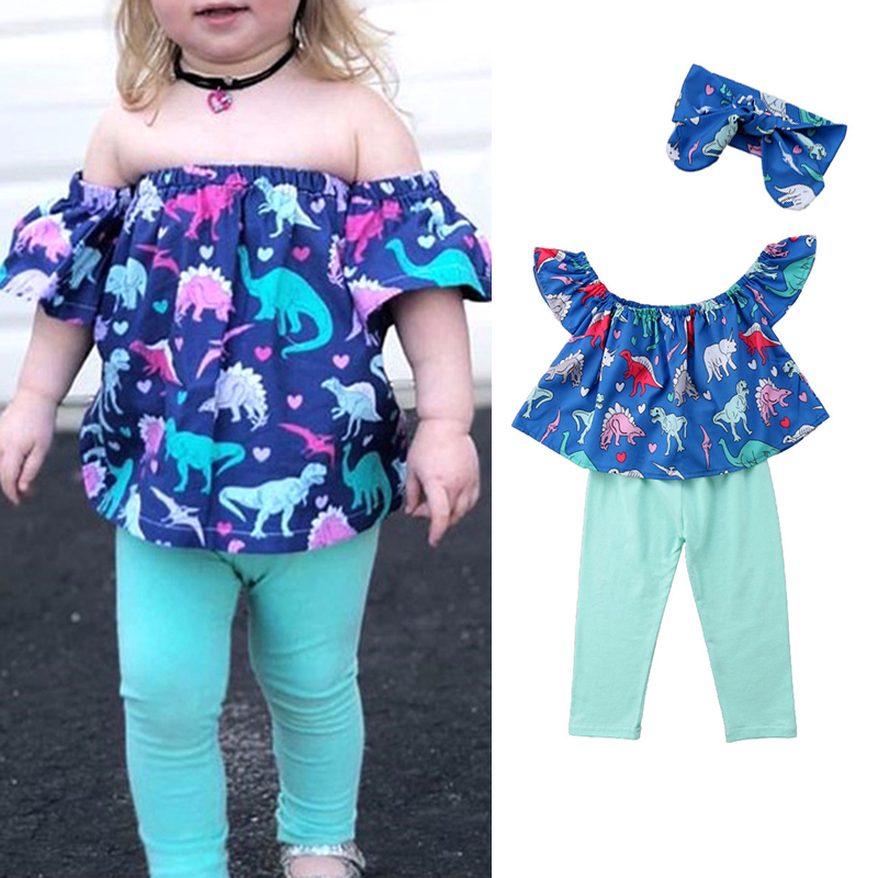 3Pcs Toddler Girls Clothes Set Off epaule Dinosaur Tops Pantalon Bandeau Pour 1Y 7Y