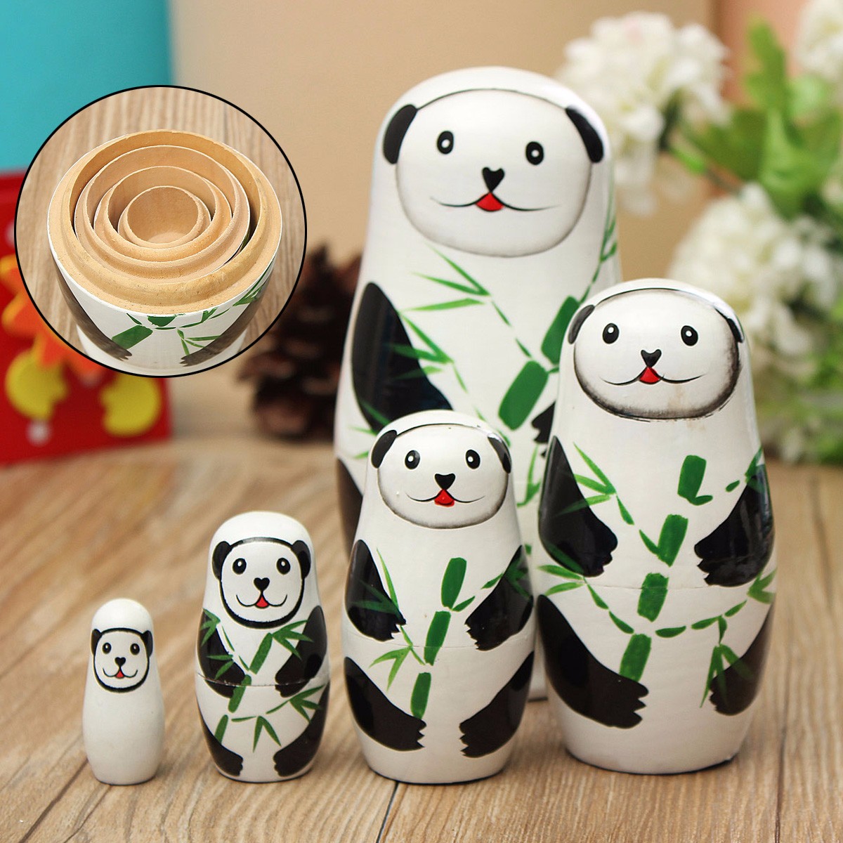 5 Pcs Panda Russe En Bois Matriochka Poupees Empilables Tricky Jouets Cadeau Creatif