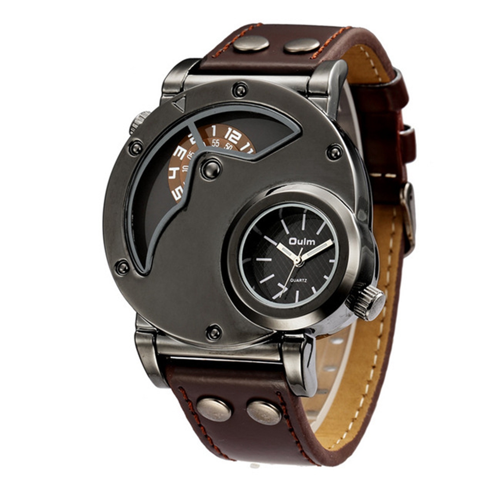 Montre a quartz de sport GMT Deux Lieux Temps Creative Dial Bracelet en cuir Montre de mode pour hommes