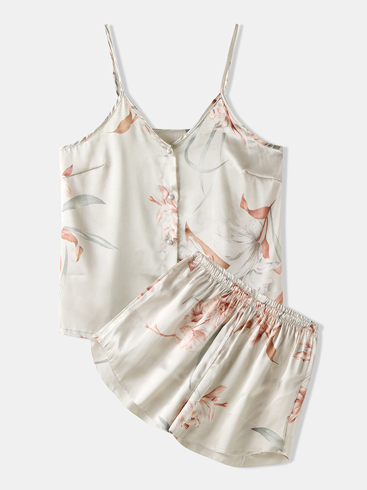 Bild von Damen Pyjamas Kurzes Set Blumen Drucken Frontknopf Spaghettiträger Glatte Freizeit-Loungwear