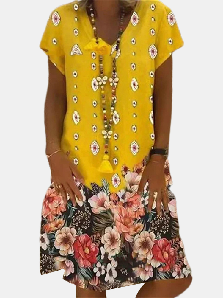 Vintage Blumendruck Kurzarm Midi Kleid mit V-Ausschnitt