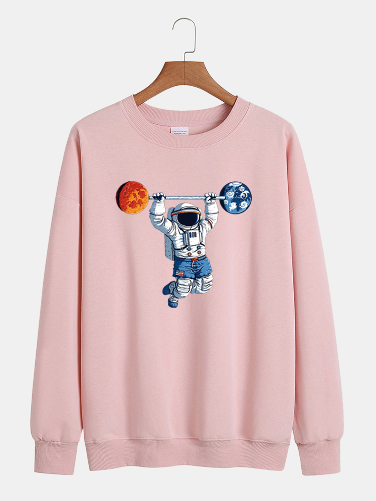 Bild von Herren Baumwolle Cartoon Astronaut Print Solid Loose Freizeit Freizeithals Sweatshirts