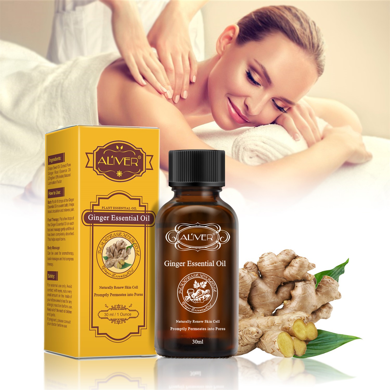 Massage au gingembre naturel 30 ml Massage a la fievre des huiles essentielles Enlever lhumidite Lotion pour le corps a la meridienne
