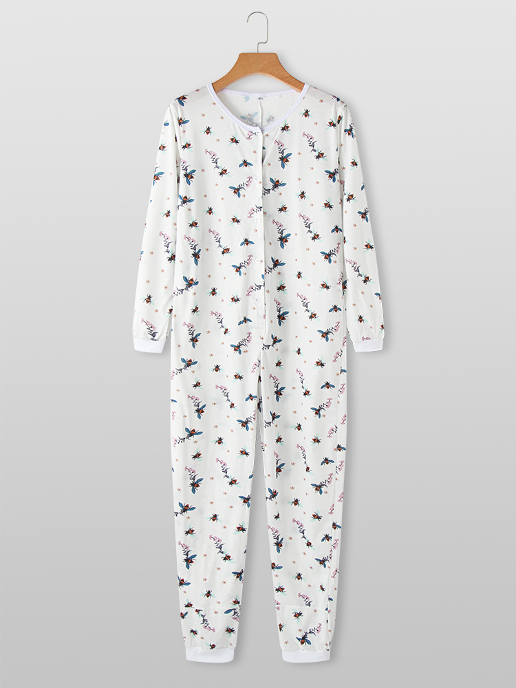Frauen Plus Größe Cartoon Bee Drucken Rundhals Jumpsuits Pyjamas Front Button Soft Casual Onesies