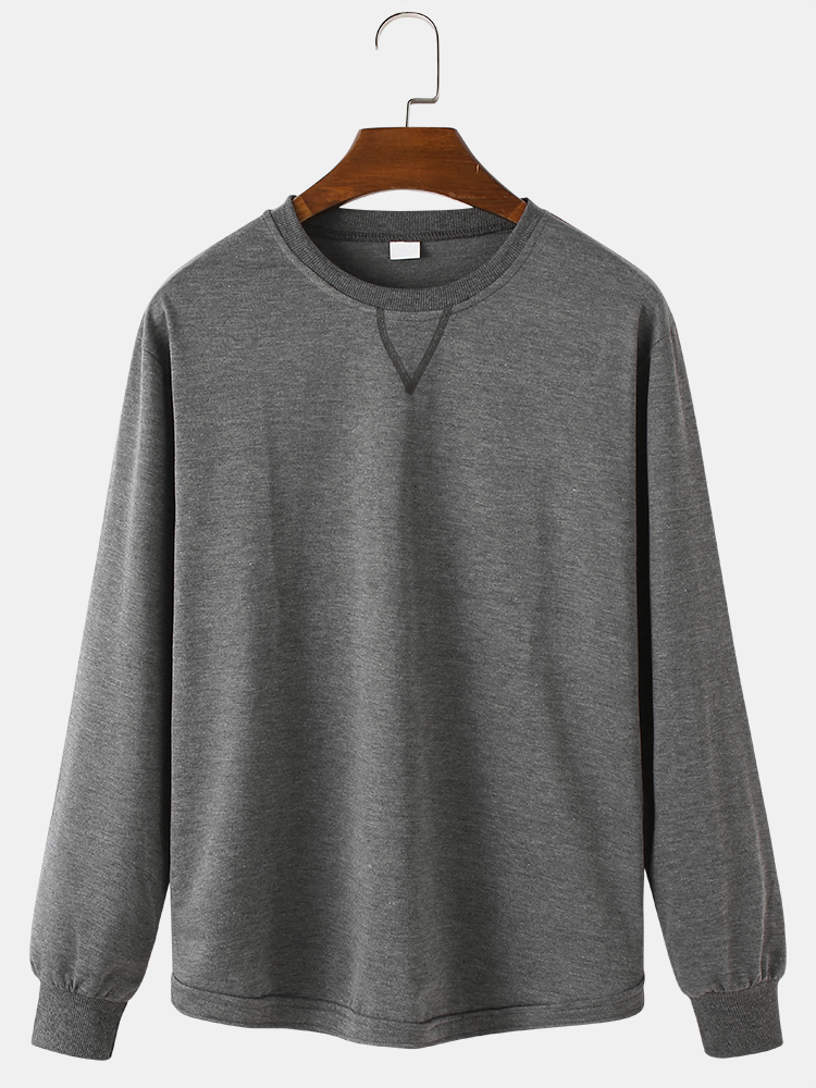 Mens Solid Color Round Neck Basic Casual Long Sleeve T-Shirts