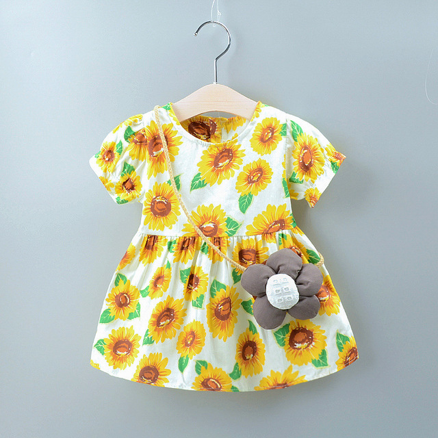 Vetements pour enfants Saison Nouvelle Robe imprimee a manches courtes Fleur du soleil Big Tree Garden Vent Ceinture Sac Jupe