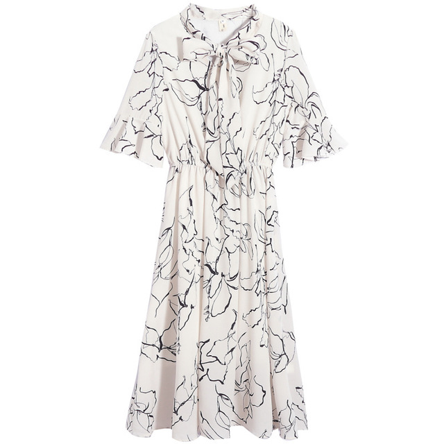 Robe en mousseline de soie noeud litteraire decollete lache taille etroite robe imprimee