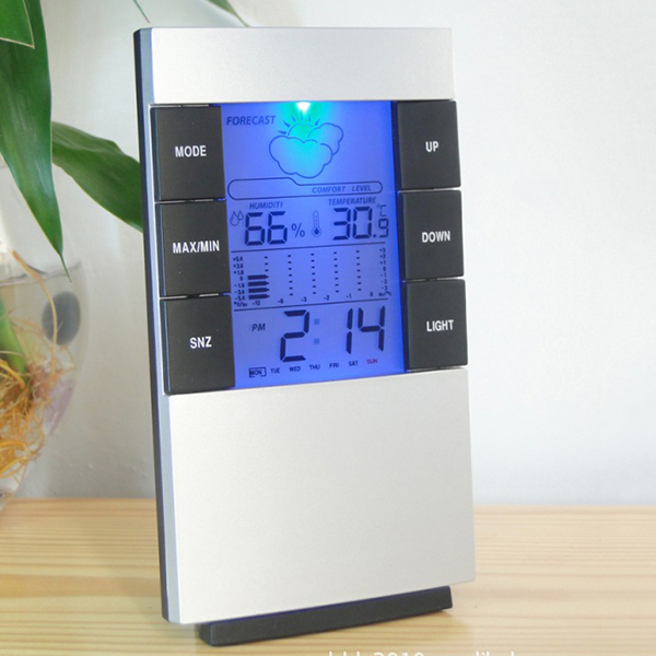 Thermometre electronique d'interieur de reveil de Digital avec le temps de retro-eclairage previsions meteorologiques Home Decor