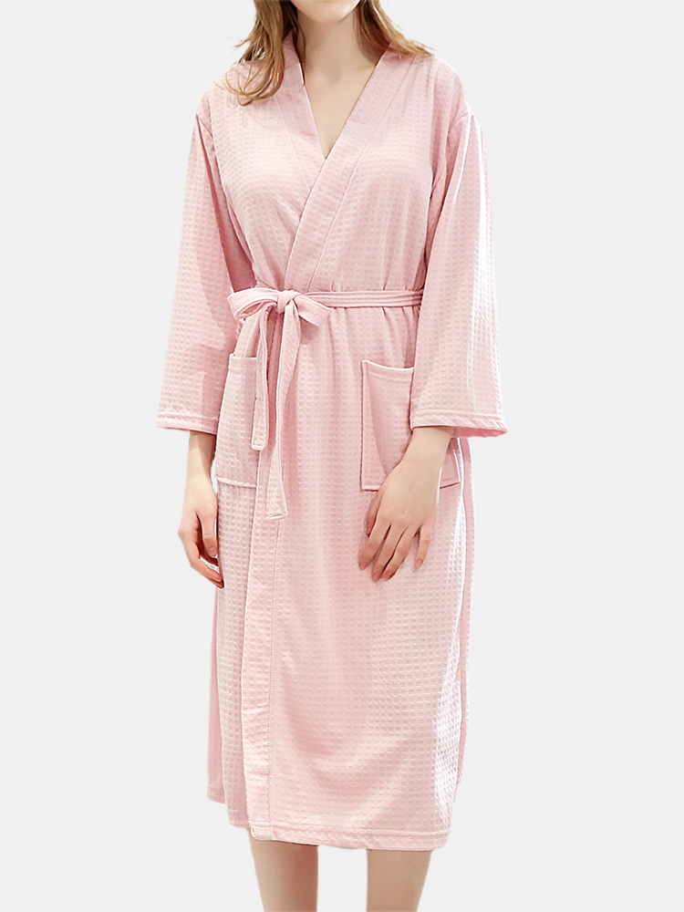 Damen Reine Farbe Waffel V-Ausschnitt Doppeltaschen Roben Pyjama Mit Gürtel