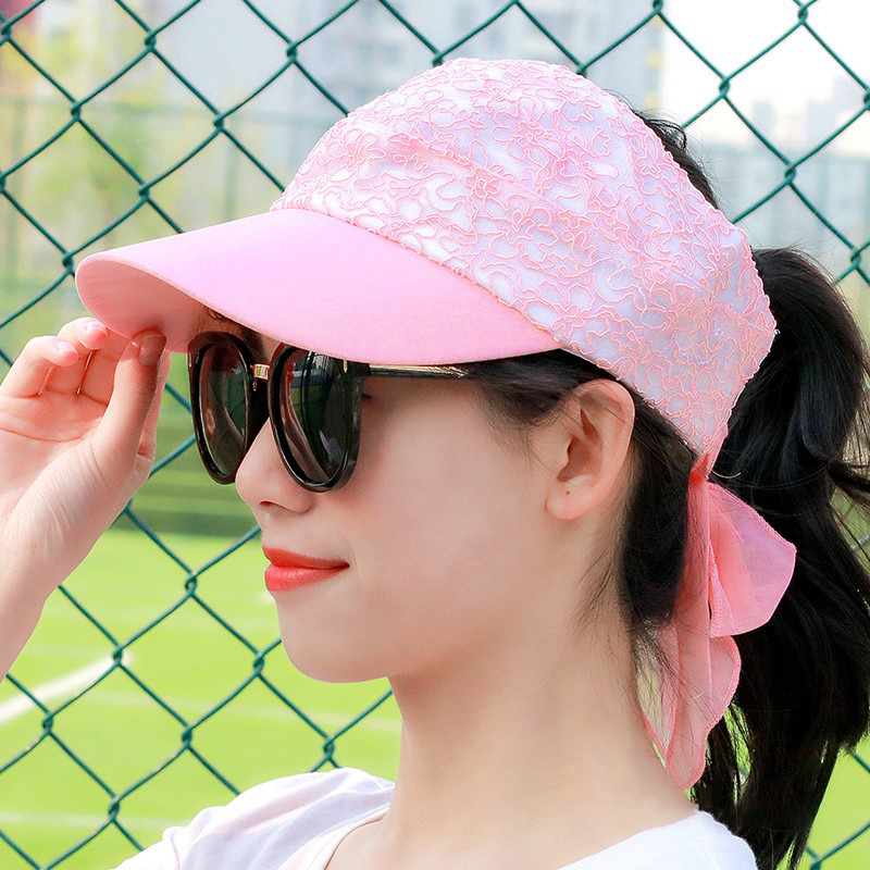 Femmes ete dentelle creme solaire mince anti UV queue de cheval vide chapeau haut de forme en plein air occasionnel chapeau de soleil