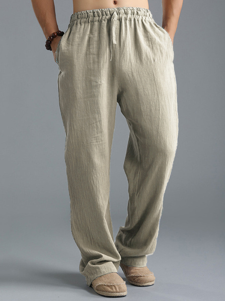Bas de lin en coton respirant de couleur unie cordon de serrage confortable pantalon de salon ample quotidien pour hommes