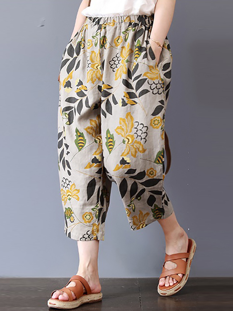 Vintage Blumendruck Elastische Taille Plus Größe Hosen mit Taschen