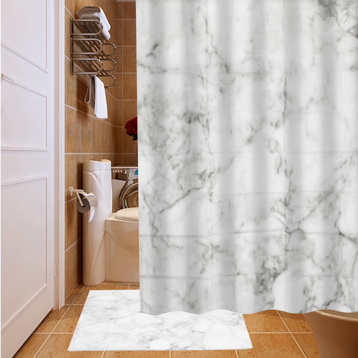 Rideau de douche en tissu de modele de marbre blanc Set Decor Rideaux de salle de bain tapis