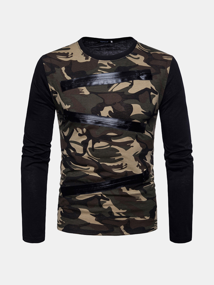 Newchic Mode Camo Treee Reißverschlüsse Patchwork Baumwolle Langarm T-Shirts Für Männer