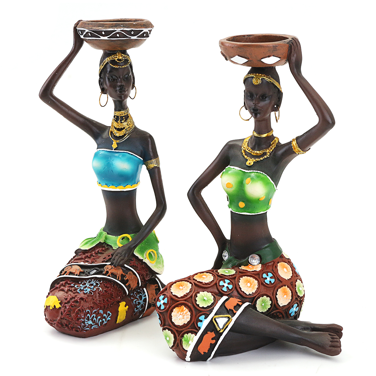 Lot de 2pcs Chandeliers Statue Femme Africaine en Resine Accessoire Maison Decoratif Ornement Artisanat