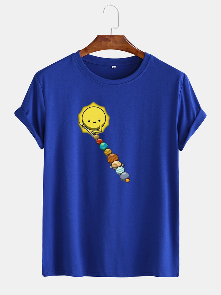 Mens Cotton Funny Colorful Planet Print O-Ausschnitt Lässige Kurzarm-T-Shirts