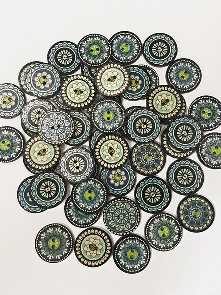 100 pièces motif uni bouton rond en bois bleu imprimé motif de style ethnique minoritaire boutons décoratifs