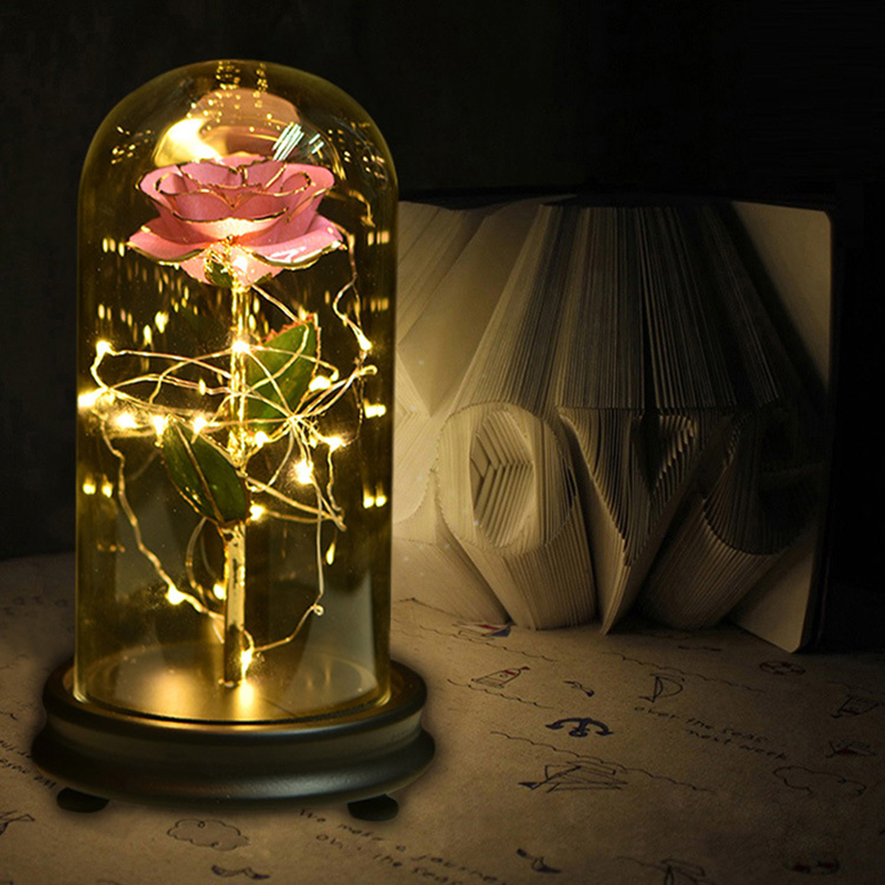 Or rose de 24 carats avec des cadeaux de la Saint-Valentin en bois de dôme de decoration artificielle de lumiere LED